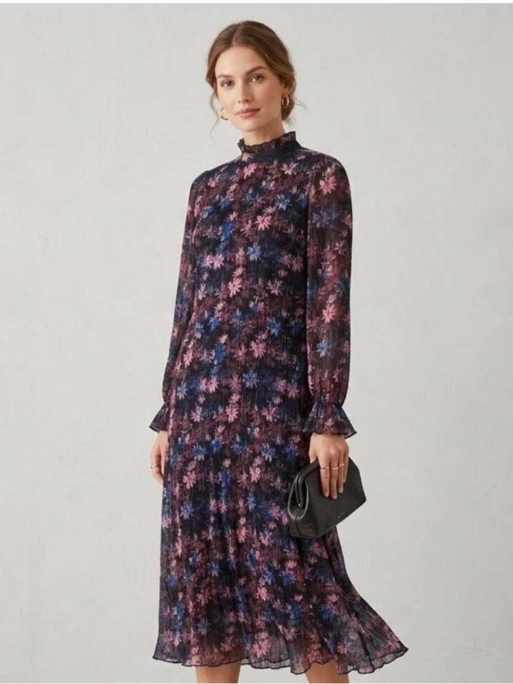 GANNI Floral Long-Sleeve Midi Dress in Navy & Pink